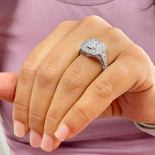 Load image into Gallery viewer, 14k Solid White Gold Cushion Cut Moissanite and Diamond Bezel Engagement Ring Bridal Halo, Wedding, Anniversary 4.80ctw