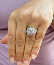 Load image into Gallery viewer, 14k Solid White Gold Cushion Cut Moissanite and Diamond Bezel Engagement Ring Bridal Halo, Wedding, Anniversary 4.80ctw