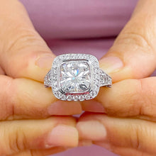 Load image into Gallery viewer, 14k Solid White Gold Cushion Cut Forever One Moissanite and Diamond Bezel Engagement Ring Bridal Halo, Wedding, Anniversary 4.80ctw