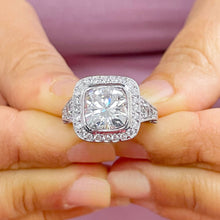 Load image into Gallery viewer, 14k Solid White Gold Cushion Cut Moissanite and Diamond Bezel Engagement Ring Bridal Halo, Wedding, Anniversary 4.80ctw
