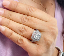 Load image into Gallery viewer, 14k Solid White Gold Cushion Cut Moissanite and Diamond Bezel Engagement Ring Bridal Halo, Wedding, Anniversary 4.80ctw