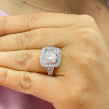 Load image into Gallery viewer, 14k Solid White Gold Cushion Cut Forever One Moissanite and Diamond Bezel Engagement Ring Bridal Halo, Wedding, Anniversary 4.80ctw