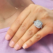 Load image into Gallery viewer, 14k Solid White Gold Cushion Cut Moissanite and Diamond Bezel Engagement Ring Bridal Halo, Wedding, Anniversary 4.80ctw