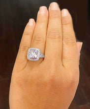 Load image into Gallery viewer, 14k Solid White Gold Cushion Cut Moissanite and Diamond Bezel Engagement Ring Bridal Halo, Wedding, Anniversary 4.80ctw