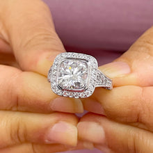 Load image into Gallery viewer, 14k Solid White Gold Cushion Cut Forever One Moissanite and Diamond Bezel Engagement Ring Bridal Halo, Wedding, Anniversary 4.80ctw