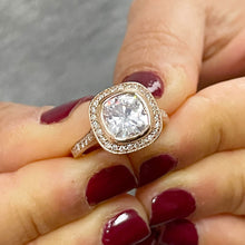 Load image into Gallery viewer, 14k Rose Solid Gold Cushion Cut Forever One Moissanite and Natural Diamond Engagement Ring Bezel Set, Bridal, Wedding, Deco 3.30ct