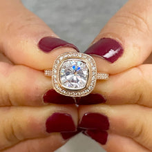 Load image into Gallery viewer, 14k Rose Solid Gold Cushion Cut Forever One Moissanite and Natural Diamond Engagement Ring Bezel Set, Bridal, Wedding, Deco 3.30ct