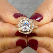 Load image into Gallery viewer, 14k Rose Solid Gold Cushion Cut Moissanite and Natural Diamond Engagement Ring Bezel Set, Bridal, Wedding, Deco 3.30ct