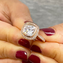 Load image into Gallery viewer, 14k Rose Solid Gold Cushion Cut Moissanite and Natural Diamond Engagement Ring Bezel Set, Bridal, Wedding, Deco 3.30ct