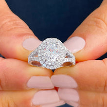 Load image into Gallery viewer, 14k Solid White Gold Oval Cut Forever One Moissanite and Natural Diamond Engagement Ring Double Halo Split Shank, Bridal, 2.80ctw