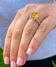 Load image into Gallery viewer, 14K Solid Yellow Gold Natural Cushion Cut Yellow Citrine And Natural Yellow Sapphire Sides Engagement Ring Prong Set Halo 4.75ctw