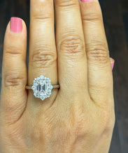 Load image into Gallery viewer, 14k solid white gold emerald cut moissanite and natural round cut diamond engagement ring deco halo bridal propose 3.05ctw