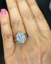 Load image into Gallery viewer, 14k solid white gold emerald cut forever one moissanite and natural round cut diamond engagement ring deco halo bridal propose 3.05ctw