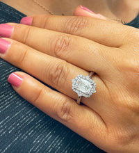 Load image into Gallery viewer, 14k solid white gold emerald cut forever one moissanite and natural round cut diamond engagement ring deco halo bridal propose 3.05ctw