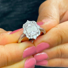 Load image into Gallery viewer, 14k solid white gold emerald cut moissanite and natural round cut diamond engagement ring deco halo bridal propose 3.05ctw