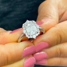 Load image into Gallery viewer, 14k solid white gold emerald cut forever one moissanite and natural round cut diamond engagement ring deco halo bridal propose 3.05ctw
