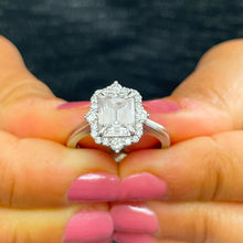Load image into Gallery viewer, 14k solid white gold emerald cut forever one moissanite and natural round cut diamond engagement ring deco halo bridal propose 3.05ctw