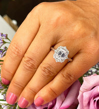 Load image into Gallery viewer, 14k solid white gold emerald cut moissanite and natural round cut diamond engagement ring deco halo bridal propose 3.05ctw