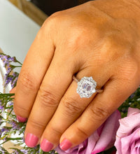 Load image into Gallery viewer, 14k solid white gold emerald cut forever one moissanite and natural round cut diamond engagement ring deco halo bridal propose 3.05ctw