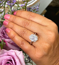 Load image into Gallery viewer, 14k solid white gold emerald cut forever one moissanite and natural round cut diamond engagement ring deco halo bridal propose 3.05ctw