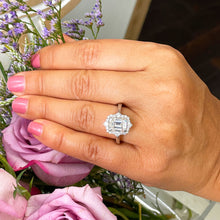 Load image into Gallery viewer, 14k solid white gold emerald cut forever one moissanite and natural round cut diamond engagement ring deco halo bridal propose 3.05ctw