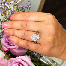 Load image into Gallery viewer, 14k solid white gold emerald cut moissanite and natural round cut diamond engagement ring deco halo bridal propose 3.05ctw