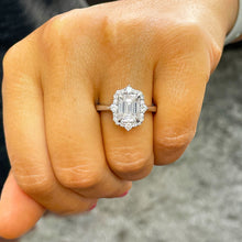 Load image into Gallery viewer, 14k solid white gold emerald cut forever one moissanite and natural round cut diamond engagement ring deco halo bridal propose 3.05ctw