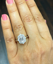 Load image into Gallery viewer, 14k solid white gold emerald cut moissanite and natural round cut diamond engagement ring deco halo bridal propose 3.05ctw