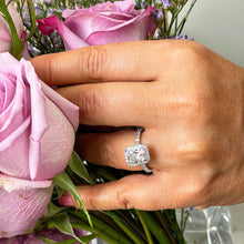 Load image into Gallery viewer, Women's 14k solid white gold cushion cut moissanite and natural round cut diamond engagement ring Bridal Wedding Halo 2.80ctw