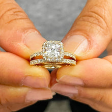 Load image into Gallery viewer, 14k Solid Yellow Gold Cushion Cut Forever One Moissanite And Natural Diamond Engagement Ring And Band Bridal Wedding Double Halo 2.00ct