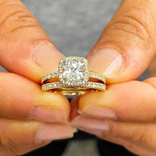 Load image into Gallery viewer, 14k Solid Yellow Gold Cushion Cut Moissanite And Natural Diamond Engagement Ring And Band Bridal Wedding Double Halo 2.00ct