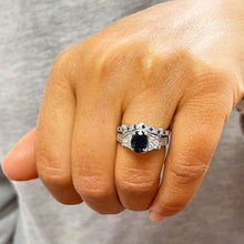 Load image into Gallery viewer, 14k solid white gold oval cut natural sapphire and round cut natural diamonds engagement ring and band Filigree 2.65ctw