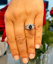 Load image into Gallery viewer, 14k solid white gold oval cut natural sapphire and round cut natural diamonds engagement ring and band Filigree 2.65ctw