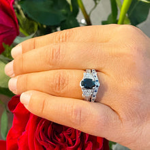 Load image into Gallery viewer, 14k solid white gold oval cut natural sapphire and round cut natural diamonds engagement ring and band Filigree 2.65ctw