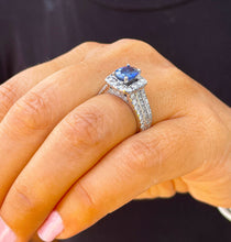 Load image into Gallery viewer, 14K Solid White Gold Cushion Natural Sapphire And Natural Diamond Round And Princess Cut Ring 3.50ctw