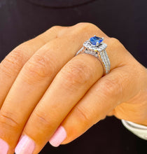 Load image into Gallery viewer, 14K Solid White Gold Cushion Natural Sapphire And Natural Diamond Round And Princess Cut Ring 3.50ctw