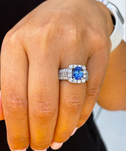Load image into Gallery viewer, 14K Solid White Gold Cushion Natural Sapphire And Natural Diamond Round And Princess Cut Ring 3.50ctw