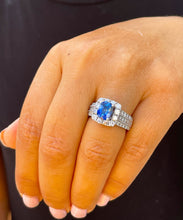 Load image into Gallery viewer, 14K Solid White Gold Cushion Natural Sapphire And Natural Diamond Round And Princess Cut Ring 3.50ctw