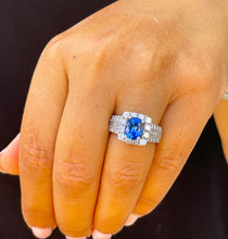 Load image into Gallery viewer, 14K Solid White Gold Cushion Natural Sapphire And Natural Diamond Round And Princess Cut Ring 3.50ctw