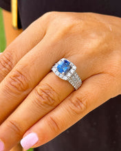 Load image into Gallery viewer, 14K Solid White Gold Cushion Natural Sapphire And Natural Diamond Round And Princess Cut Ring 3.50ctw