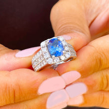 Load image into Gallery viewer, 14K Solid White Gold Cushion Natural Sapphire And Natural Diamond Round And Princess Cut Ring 3.50ctw