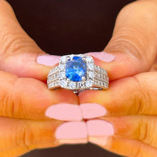 Load image into Gallery viewer, 14K Solid White Gold Cushion Natural Sapphire And Natural Diamond Round And Princess Cut Ring 3.50ctw