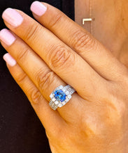 Load image into Gallery viewer, 14K Solid White Gold Cushion Natural Sapphire And Natural Diamond Round And Princess Cut Ring 3.50ctw