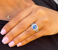 Load image into Gallery viewer, 14K Solid White Gold Cushion Natural Sapphire And Natural Diamond Round And Princess Cut Ring 3.50ctw