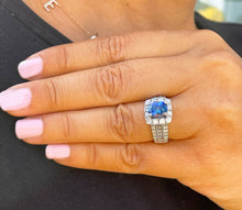 Load image into Gallery viewer, 14K Solid White Gold Cushion Natural Sapphire And Natural Diamond Round And Princess Cut Ring 3.50ctw