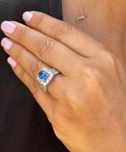 Load image into Gallery viewer, 14K Solid White Gold Cushion Natural Sapphire And Natural Diamond Round And Princess Cut Ring 3.50ctw