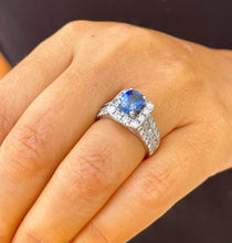 Load image into Gallery viewer, 14K Solid White Gold Cushion Natural Sapphire And Natural Diamond Round And Princess Cut Ring 3.50ctw