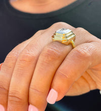 Load image into Gallery viewer, 14K Solid And Heavy Yellow Gold Emerald Cut Moissanite Ring Solitaire Bezel Set 3.50ct