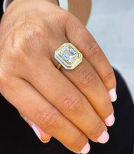 Load image into Gallery viewer, 14K Solid And Heavy Yellow Gold Emerald Cut Moissanite Ring Solitaire Bezel Set 3.50ct