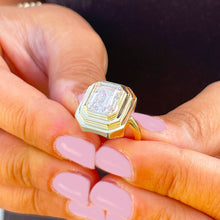 Load image into Gallery viewer, 14K Solid And Heavy Yellow Gold Emerald Cut Moissanite Ring Solitaire Bezel Set 3.50ct